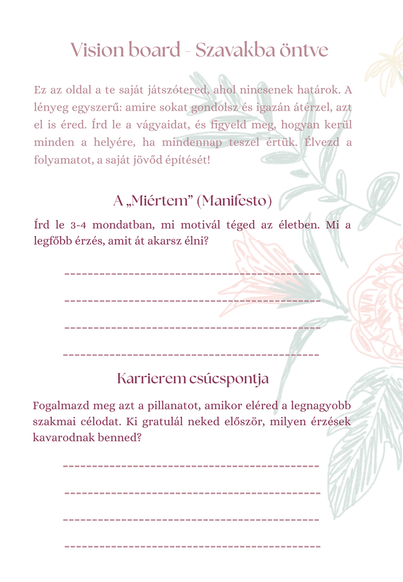 Vision board és manifesztációs oldal a Tőlem, Nekem önismereti naplóban.